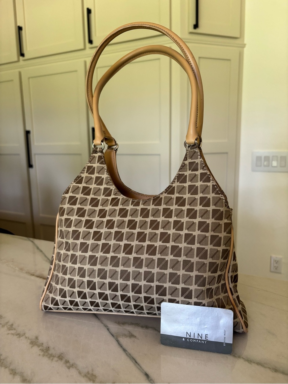 Y2K Vintage Nine & Co Shoulder Hobo Leather Bag Geometric Cream/Brown